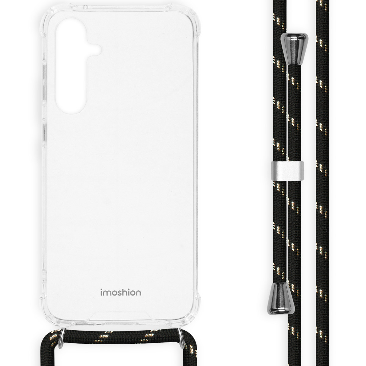 Transparante telefoonhoes met een zwart-goudkleurig koord. Tekst: imoshion