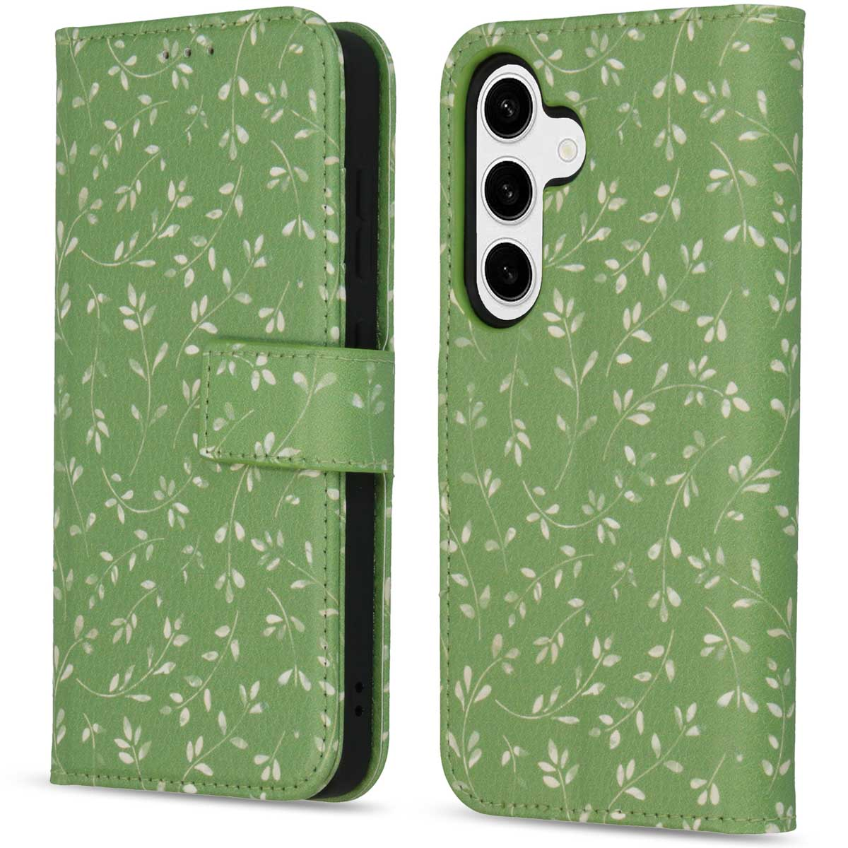 Groen telefoonhoesje met wit bladerpatroon. De telefoon is open. Achtergrond: wit.