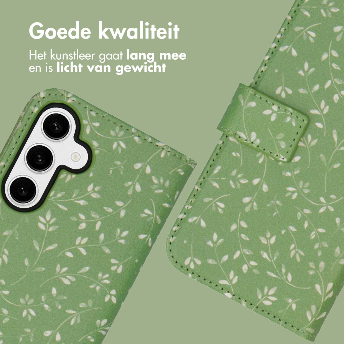 Groene telefoonhoes met bladpatroon. Goede kwaliteit en lichtgewicht, gemaakt van imitatieleer.