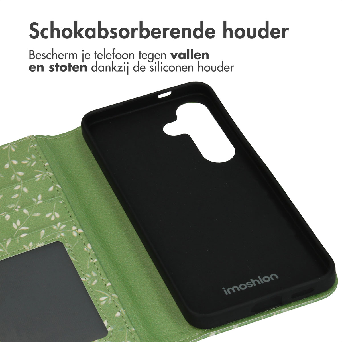 Zwarte telefoonhoes met groen bloemenpatroon binnenin. Zwarte telefoon binnenin.