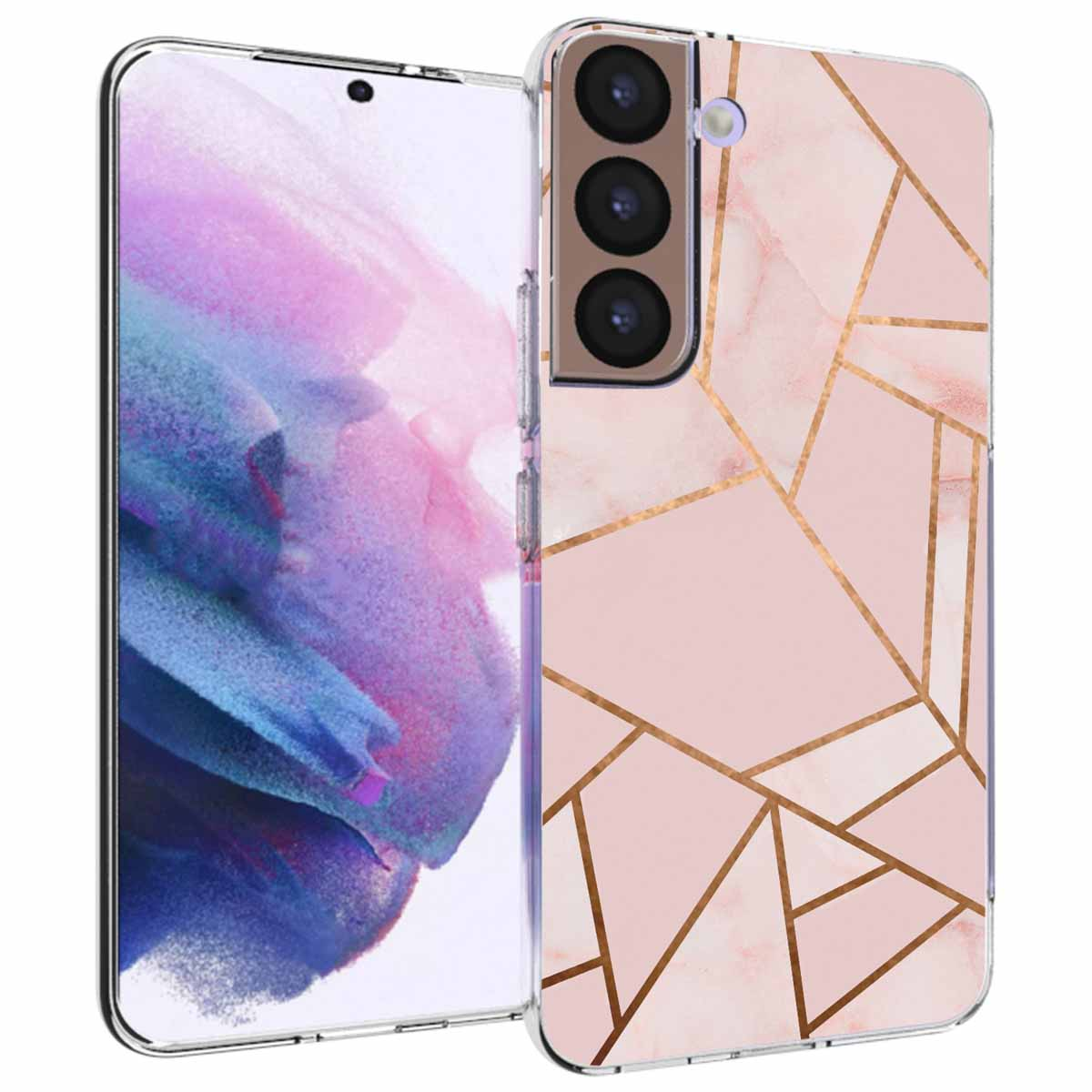 Custodia rosa per telefono con design geometrico oro. Telefono a sinistra.