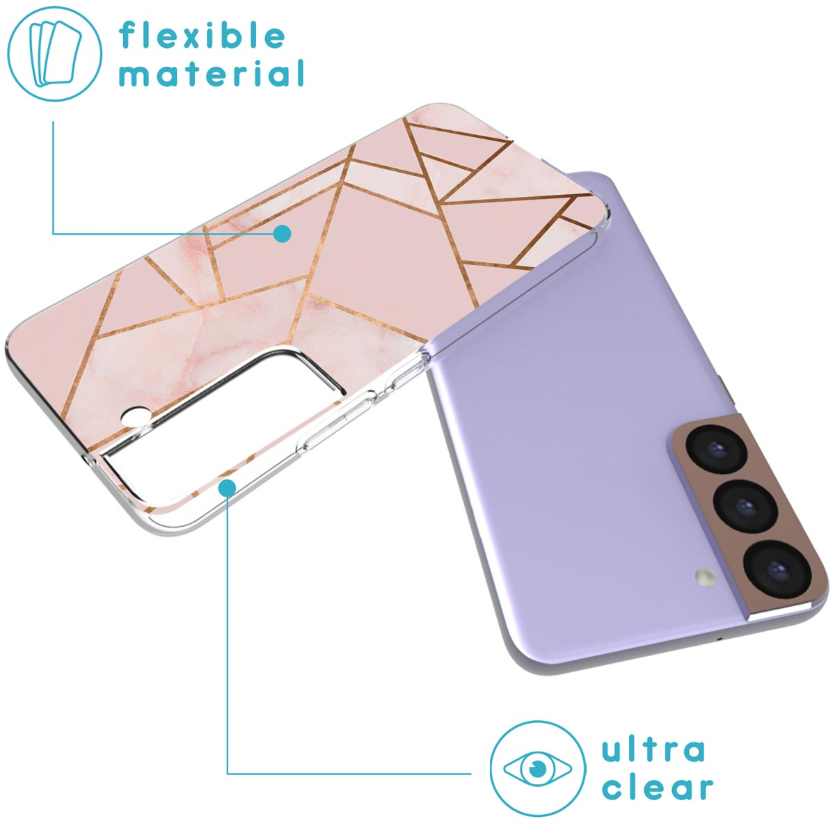 Custodia per telefono con design a marmo rosa. Il telefono è viola. Il materiale è flessibile.