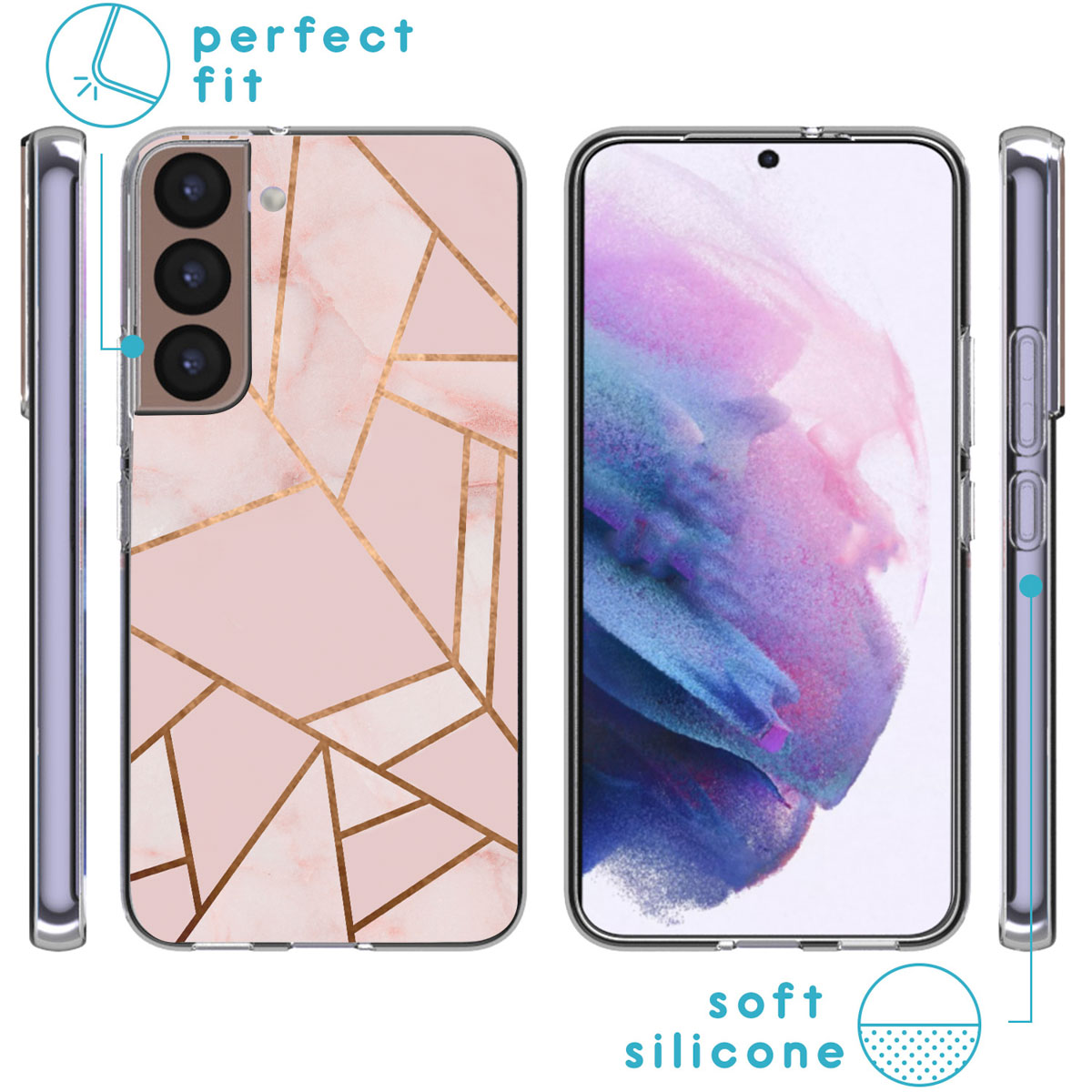 Custodia per telefono con un motivo geometrico rosa. Il telefono è nella custodia. Silicone morbido.