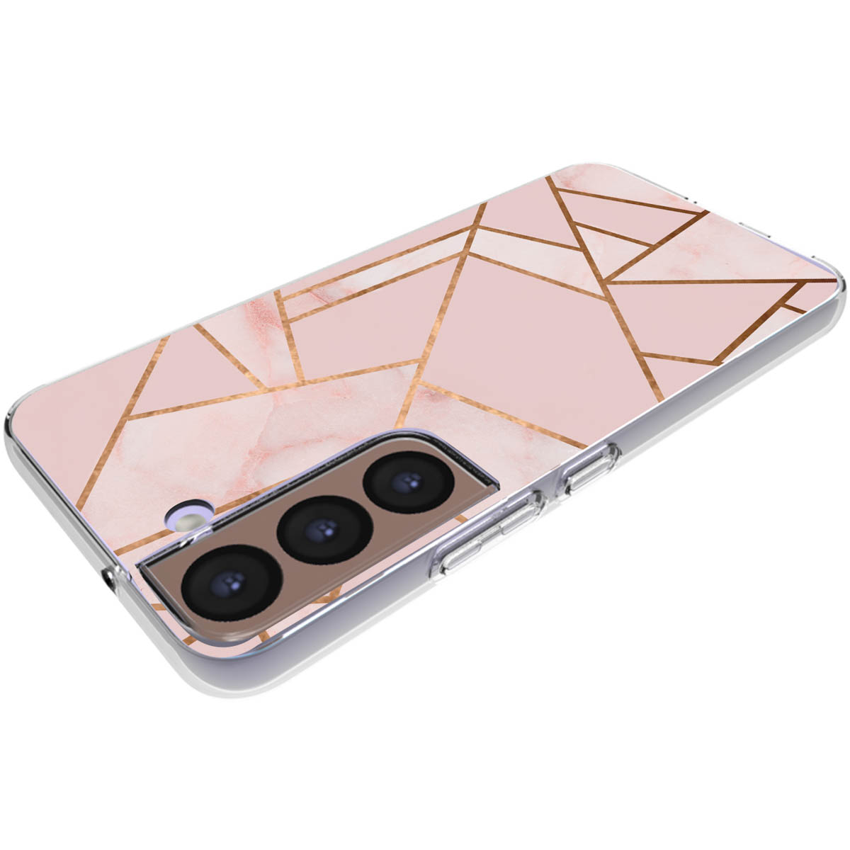 Custodia per telefono in marmo rosa con linee dorate. Il telefono è all'interno della custodia. È visibile una fotocamera.