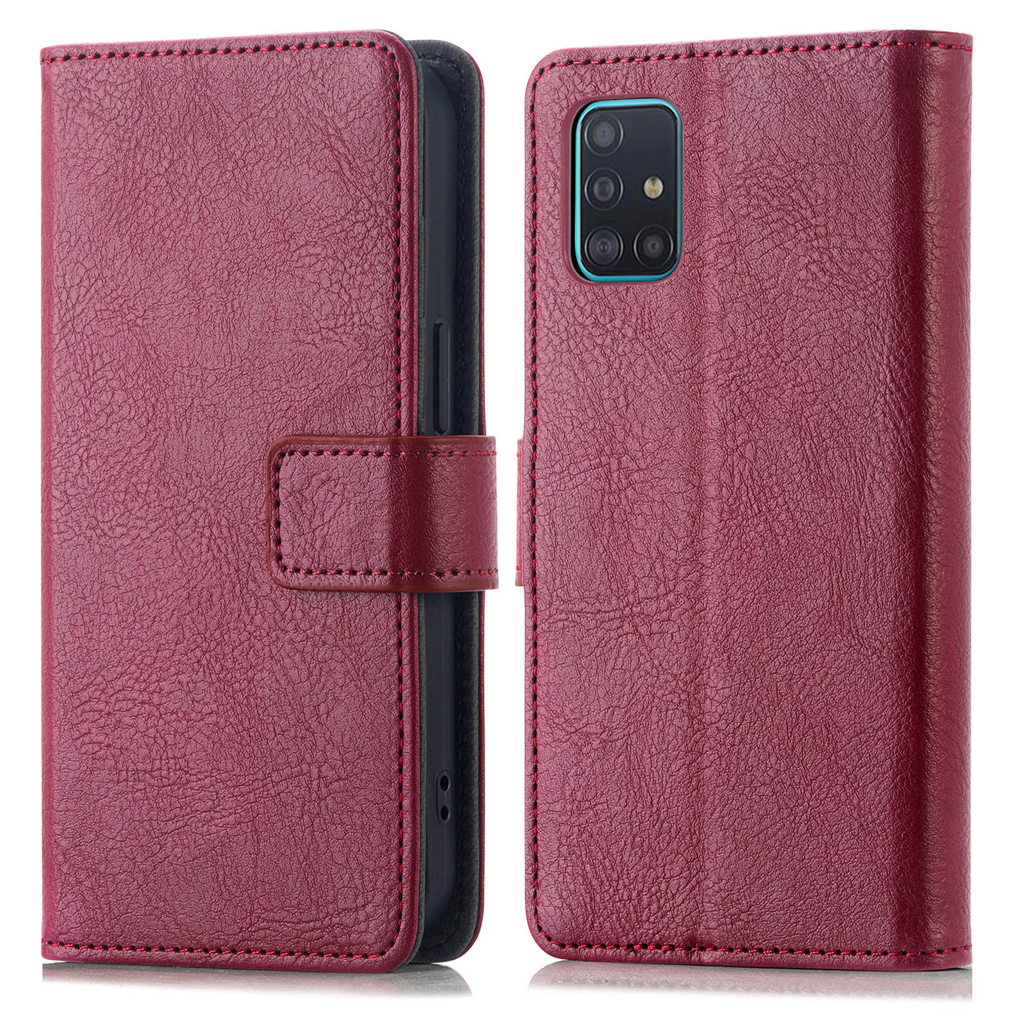 Bordeaux lederen telefoonhoes open, toont telefoon met camera's; rode stiksel details.