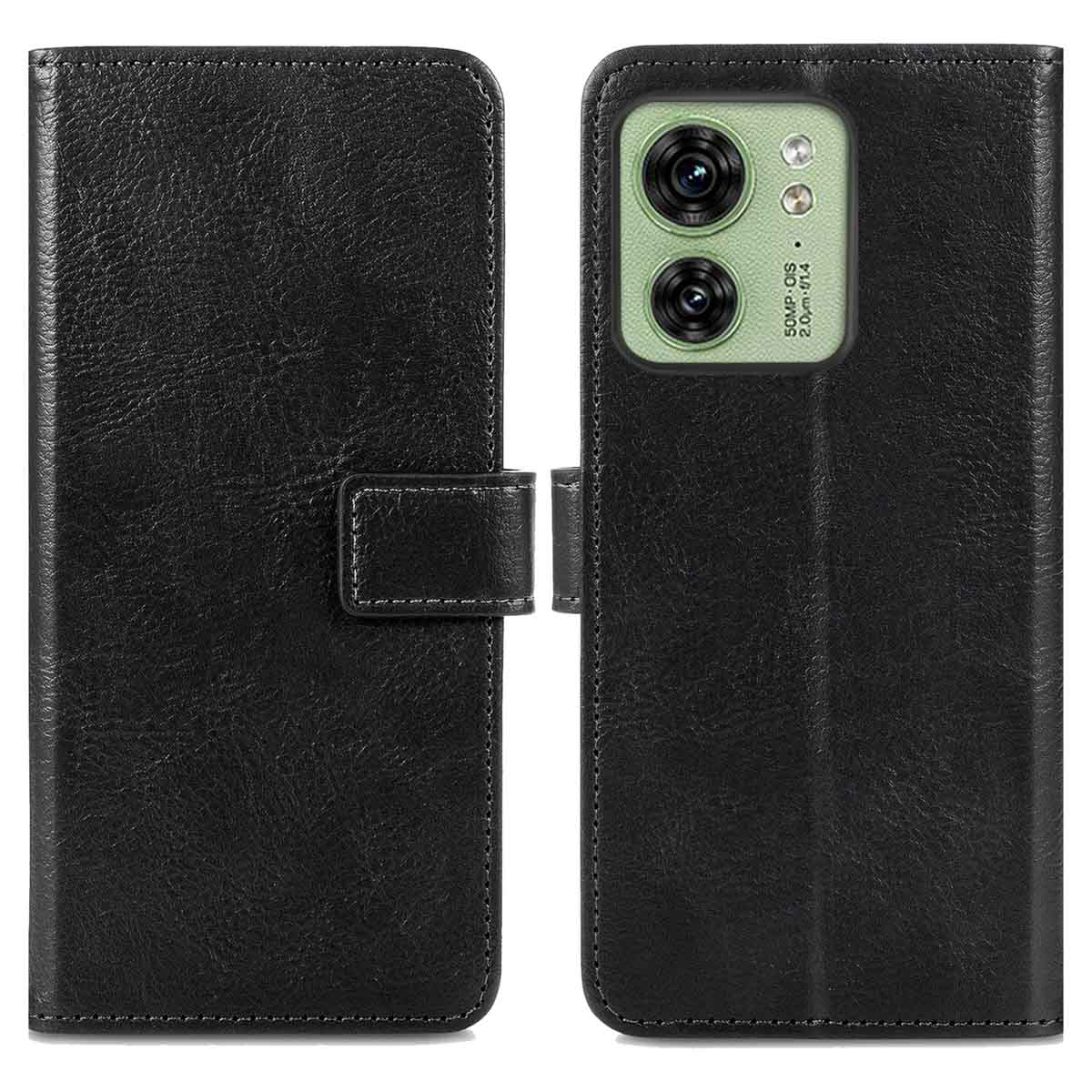 Étui de téléphone en cuir noir, ouvert. Fond : blanc.