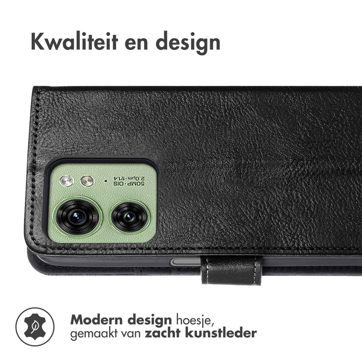 Coque de téléphone noire ouverte. Texte : 'Modern design hoesje'. Caméra visible.
