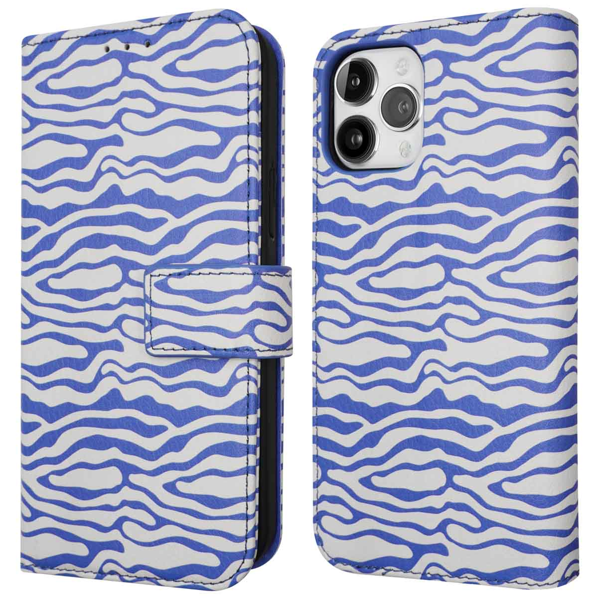 Blauw-witte zebraprint telefoonhoes. Twee helften, één open om de telefoon te laten zien.
