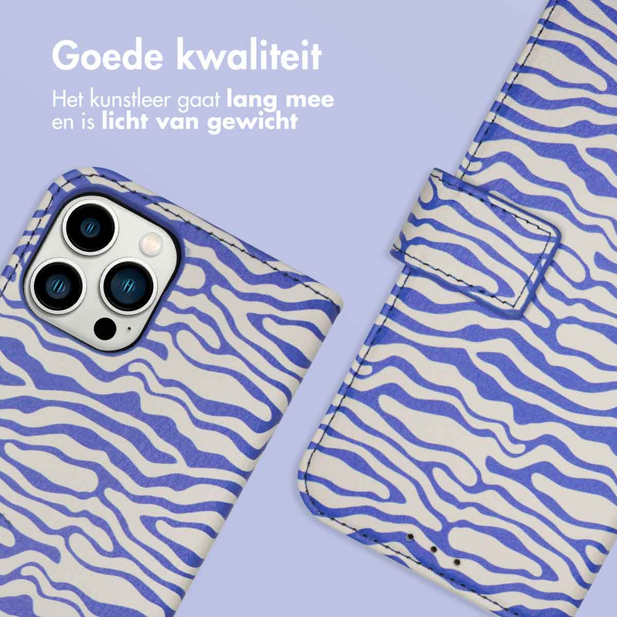 Telefoonhoesje met blauw-wit zebrapatroon. Telefoon zichtbaar. Kenmerken kwalitatief kunstleer.