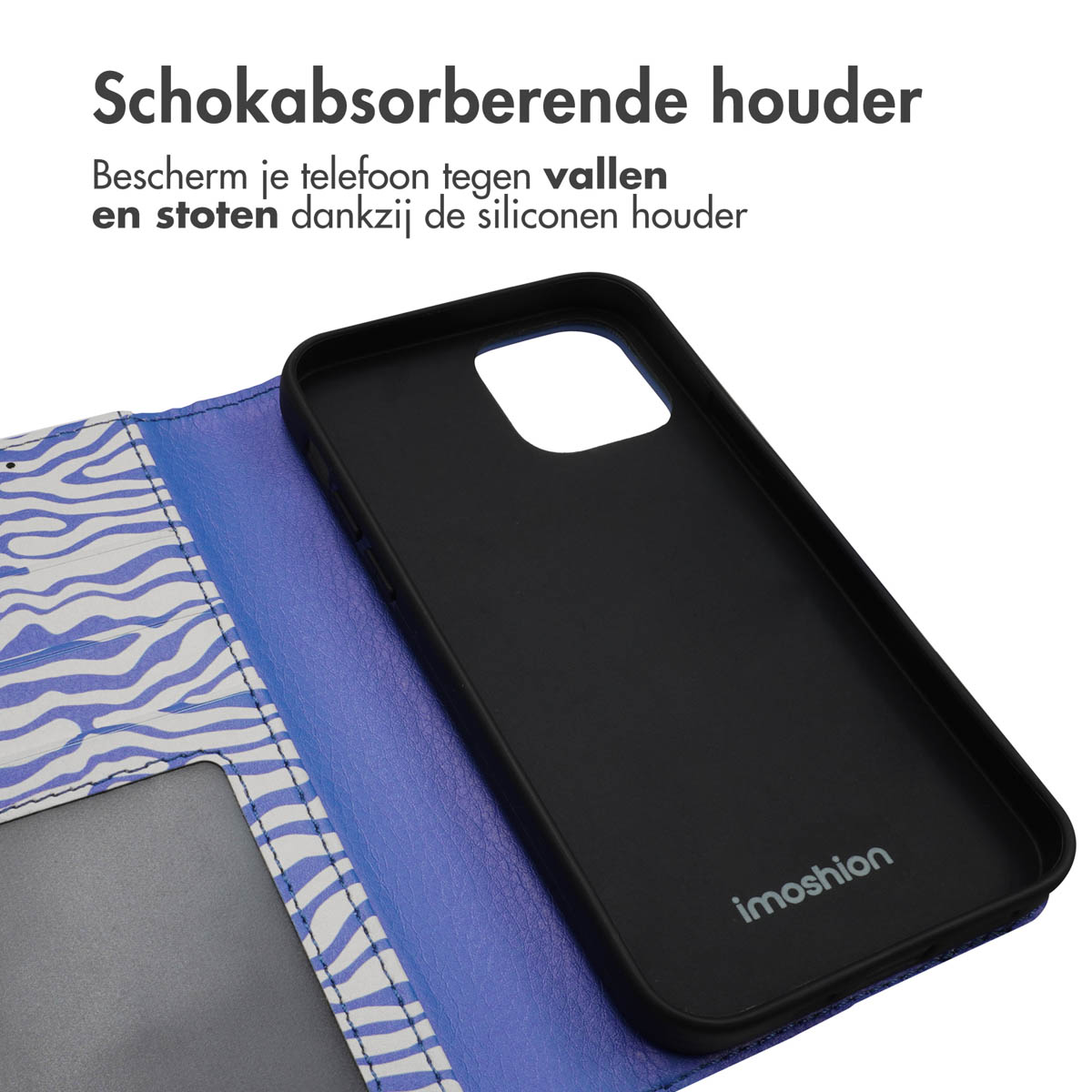 Zwarte telefoonhoes met blauw-wit zebra-ontwerp, open.