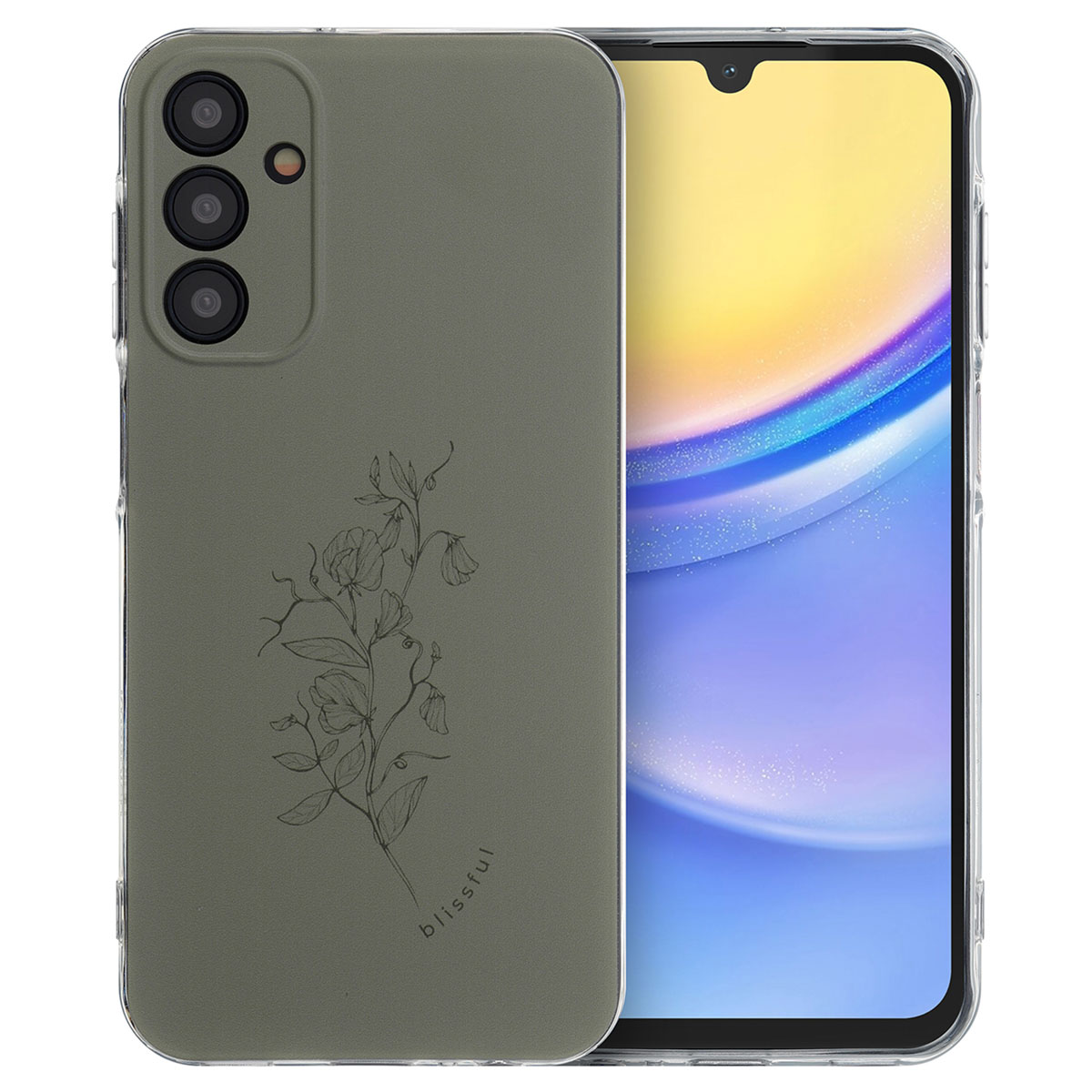 Olijfgroene telefoonhoes met bloemenontwerp en zichtbare telefoon. De telefoon heeft een geel scherm.