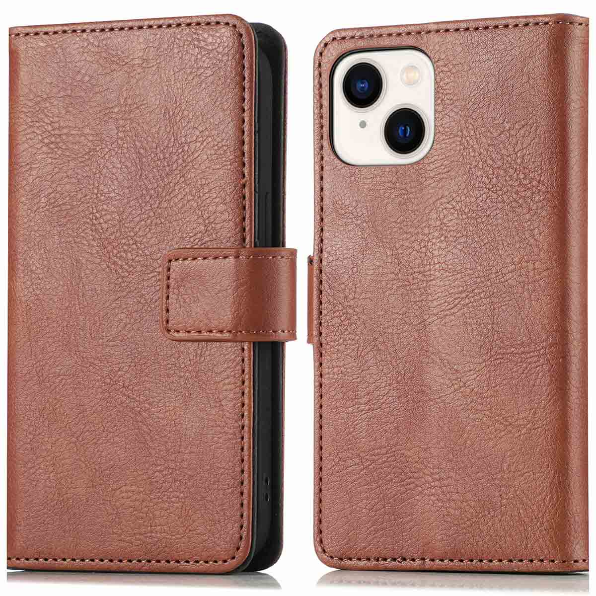 Deux étuis de téléphone en cuir marron avec le téléphone à droite. Étui gauche fermé.