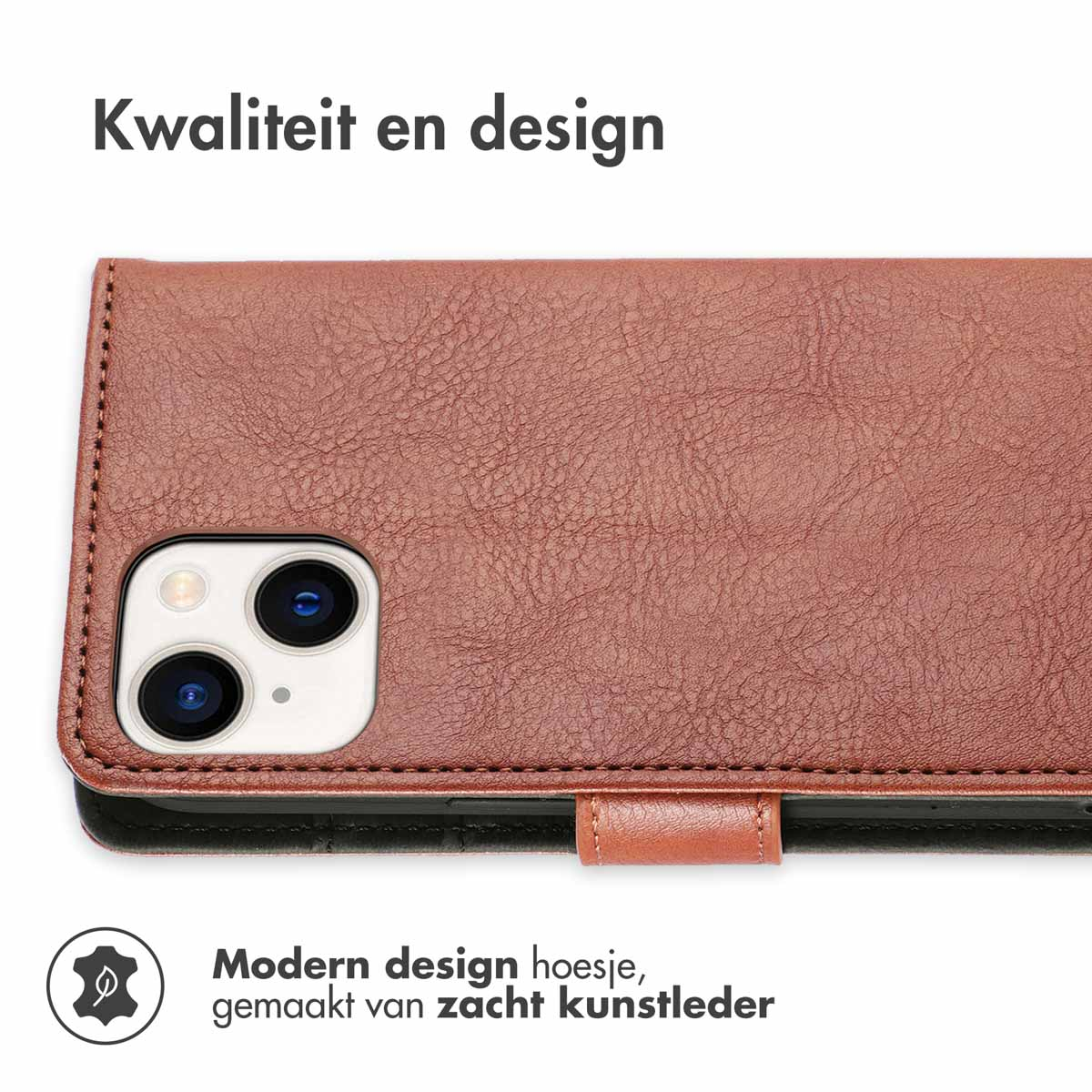 Coque de téléphone marron avec un téléphone à l'intérieur. Texte : Qualité et design.