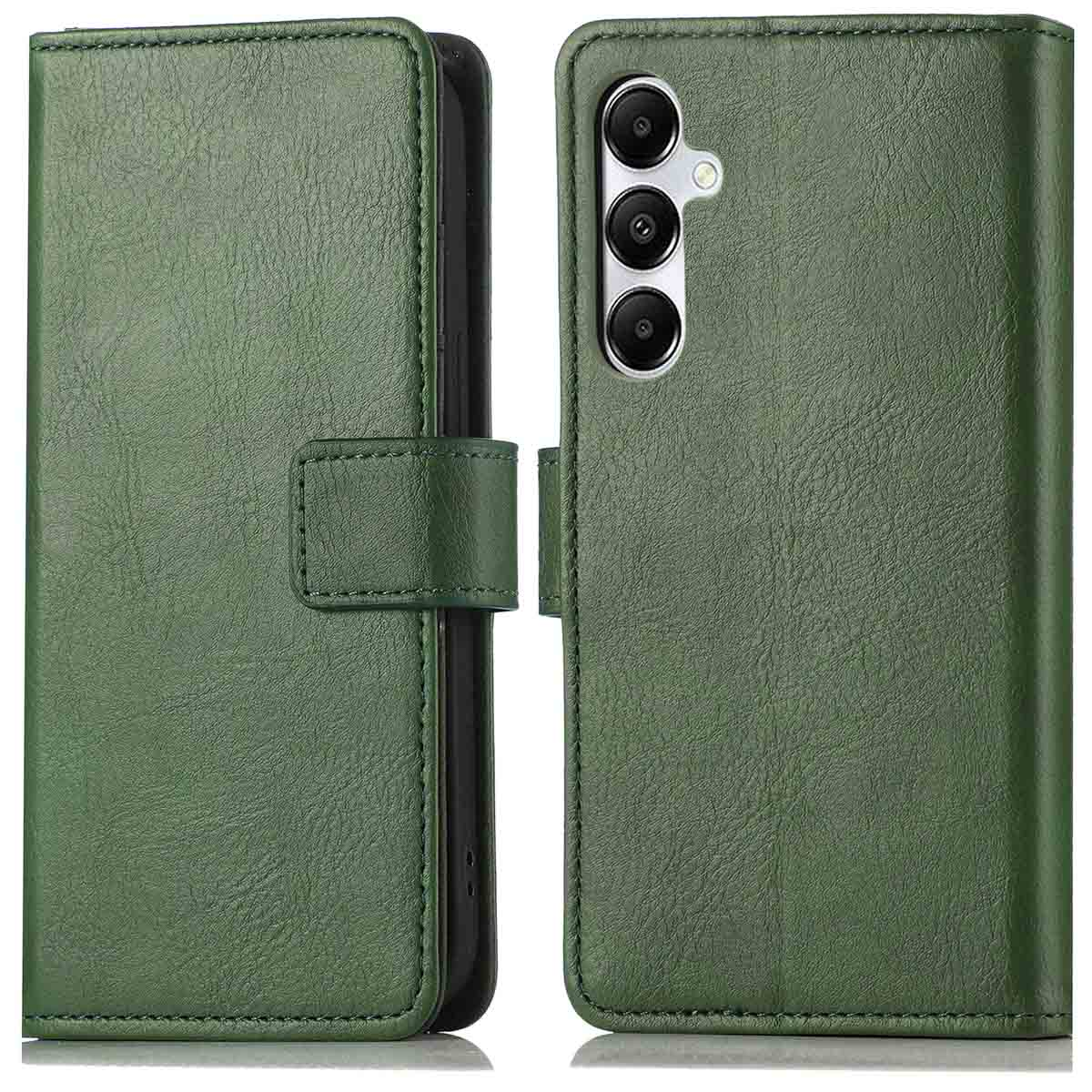 Groen leren telefoonhoesje, open. Telefooncamera zichtbaar. Hoesje gesloten.