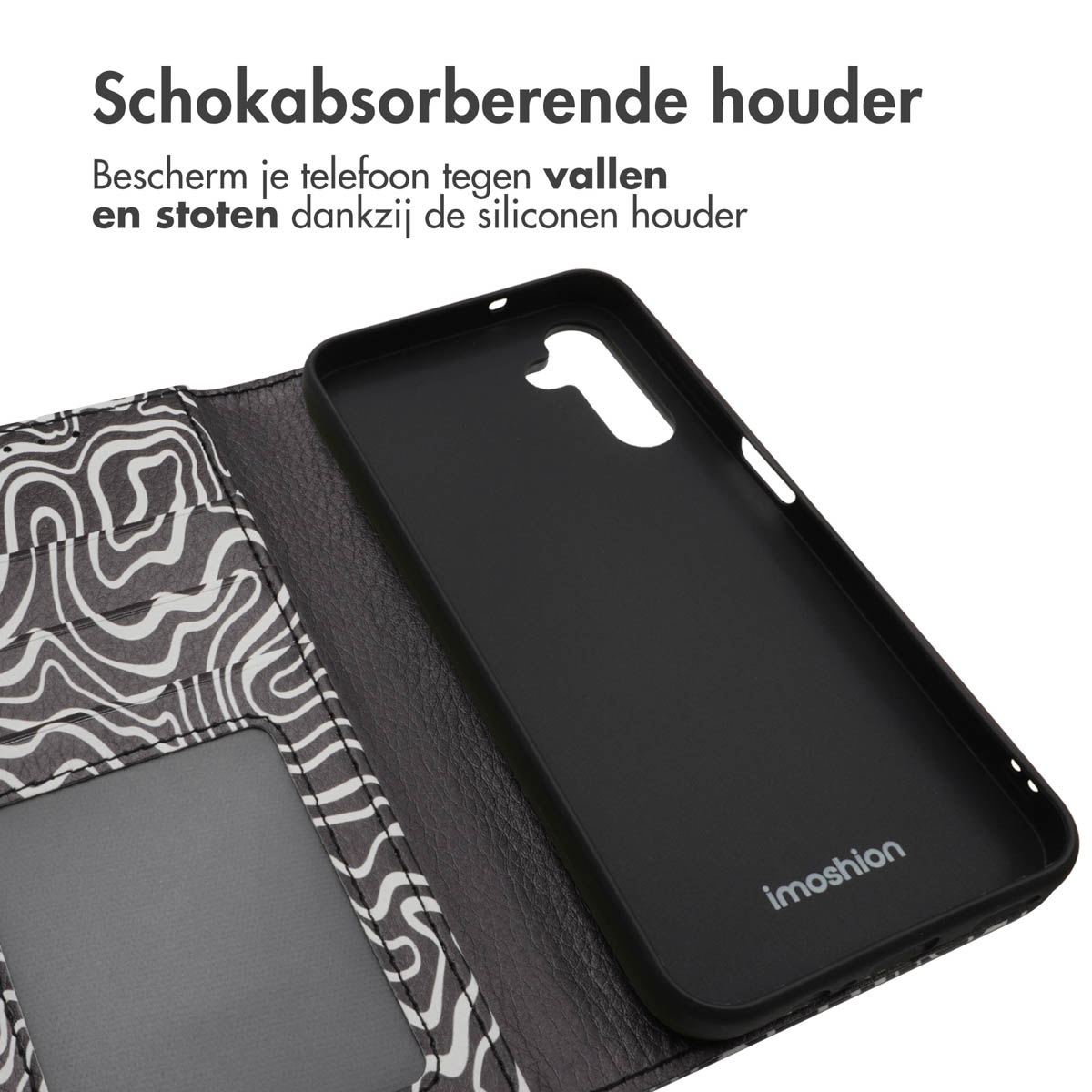 Coque de téléphone noire ouverte, révélant un intérieur noir. Texte : Support absorbant les chocs.