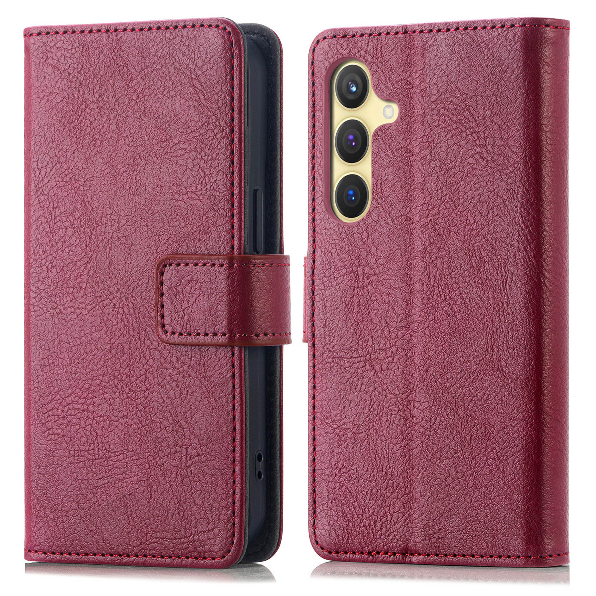 Donkerrood leren telefoonhoesje, open. Achtergrond: wit.