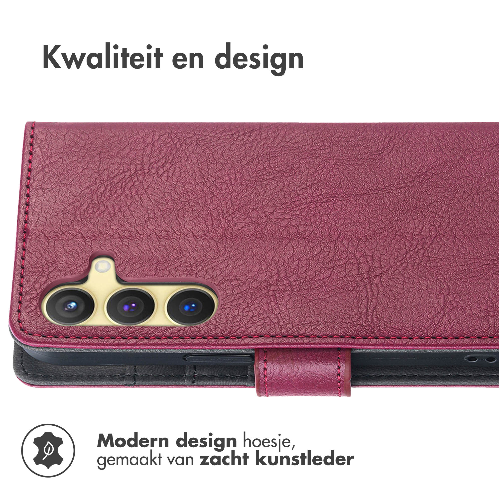 Close-up van een rode telefoonhoes met een telefoon erin, met Nederlandse tekst.