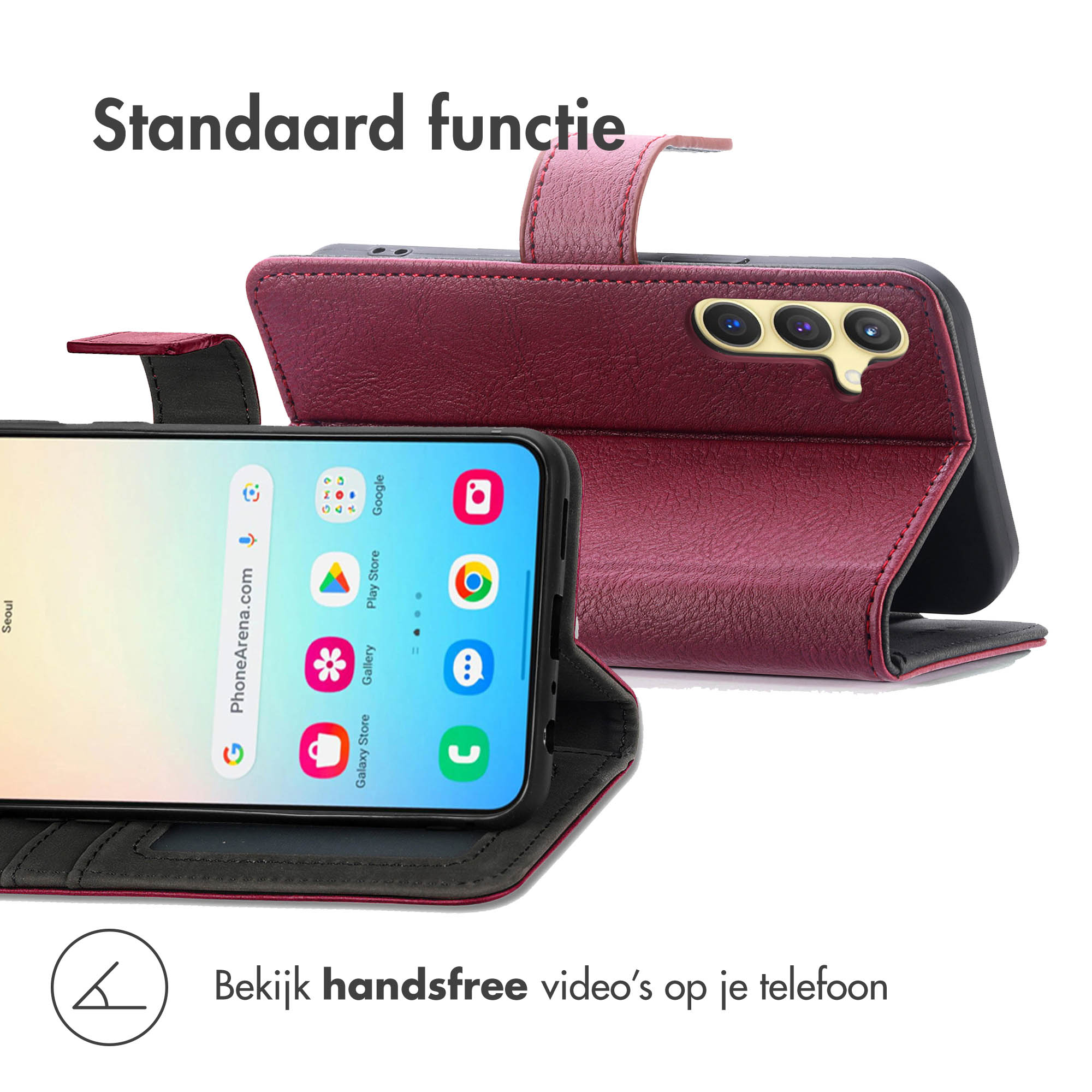 Telefoonhoesje met een telefoon die een app-scherm toont, met een rode lederen buitenkant.