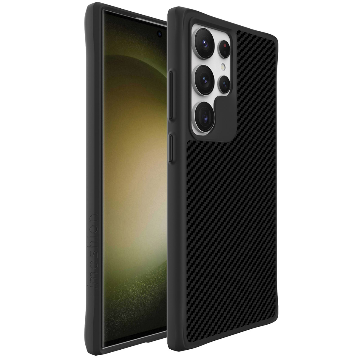 Coque de téléphone noire. Motif en fibre de carbone. Téléphone à droite.
