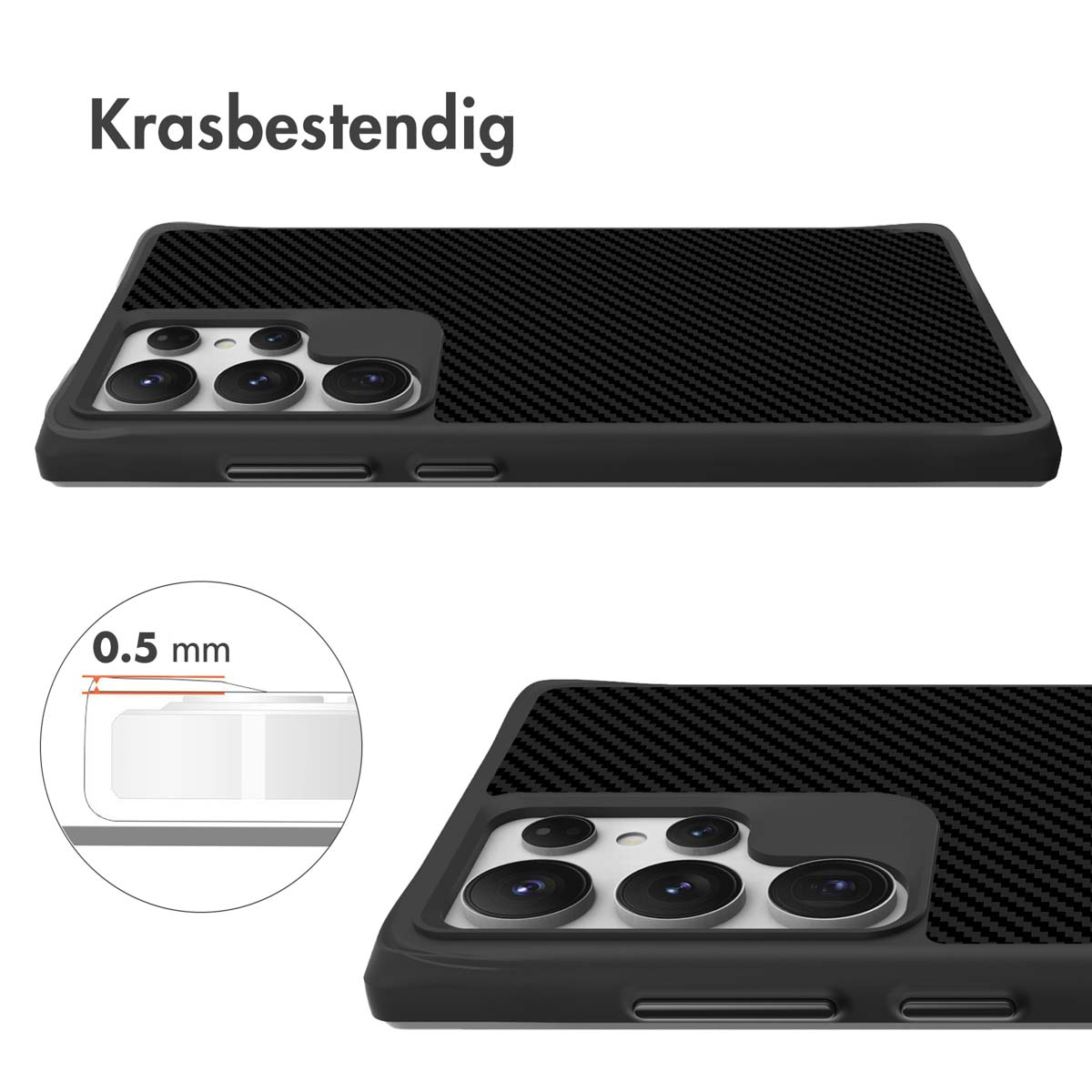 Coque de téléphone noire avec une texture en fibre de carbone au dos. La coque recouvre le téléphone.