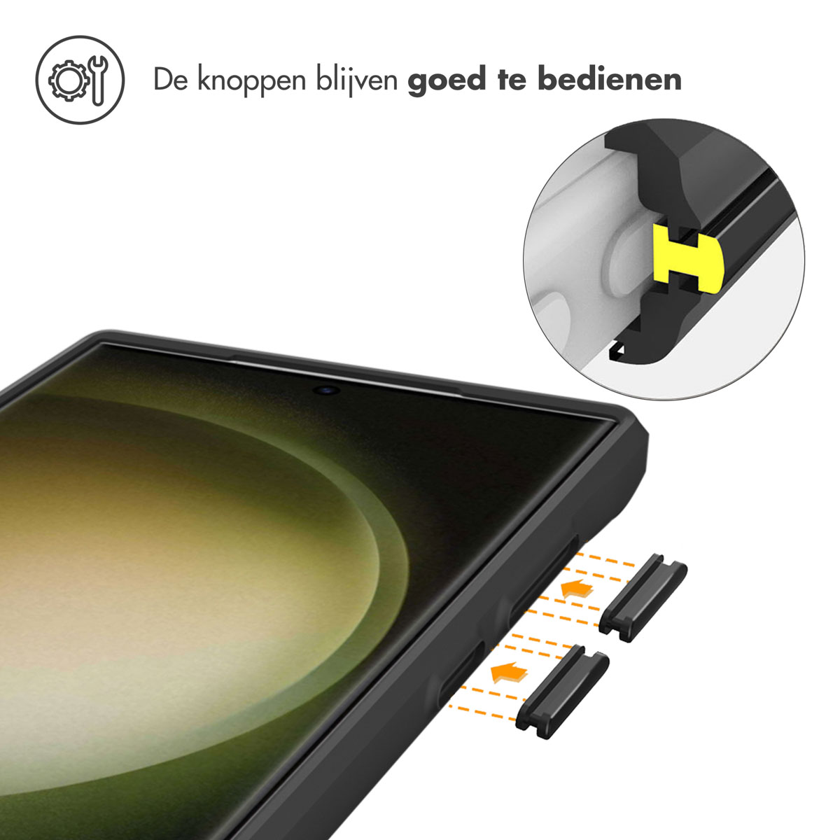 Coque de téléphone avec boutons noirs. Gros plan sur le bouton et le téléphone.