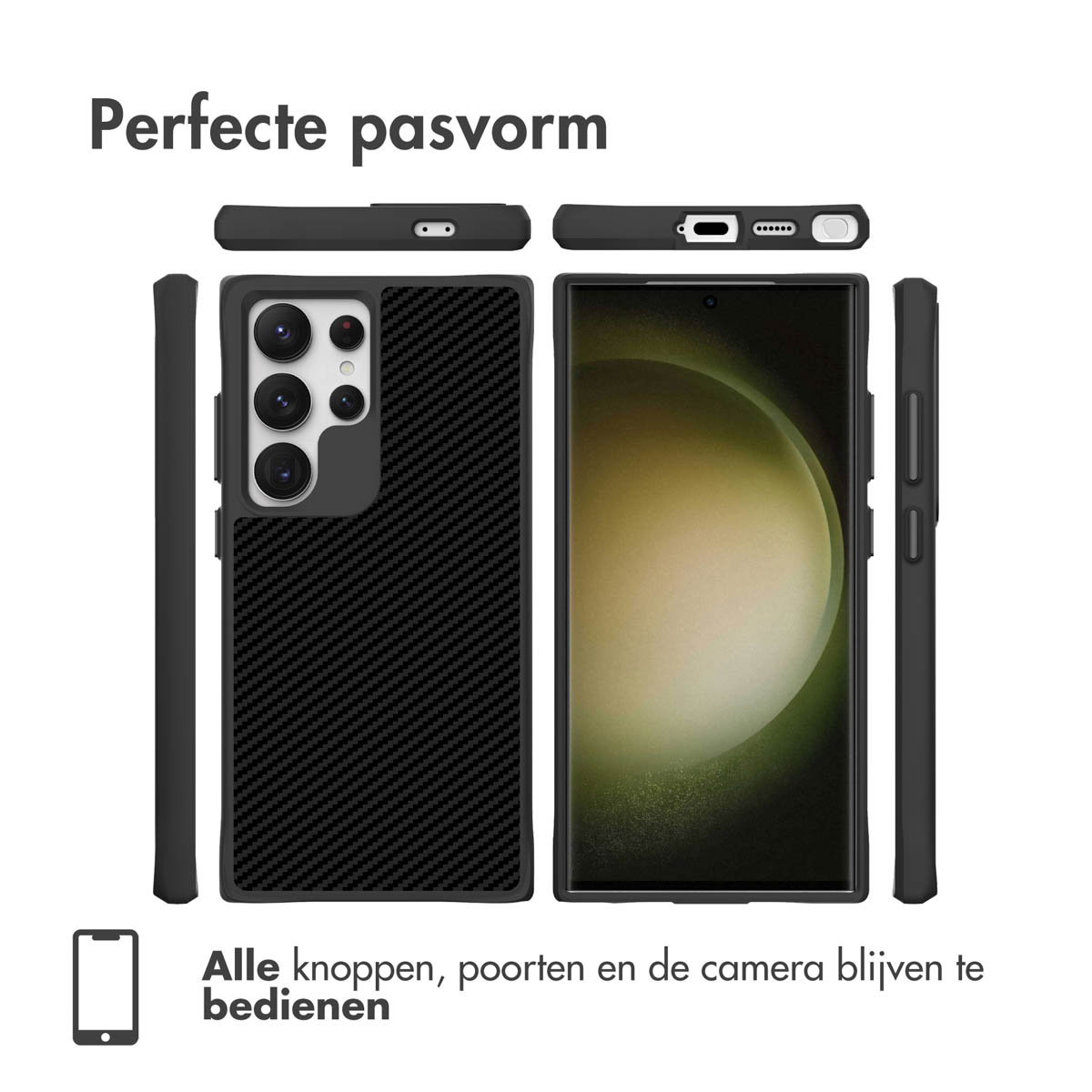 Téléphone dans un étui en fibre de carbone noire. L'étui couvre l'arrière et les côtés. Ajustement parfait.
