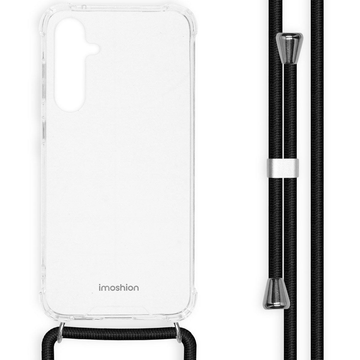 Een doorzichtige telefoonhoes met een zwart koord en zilveren accenten.