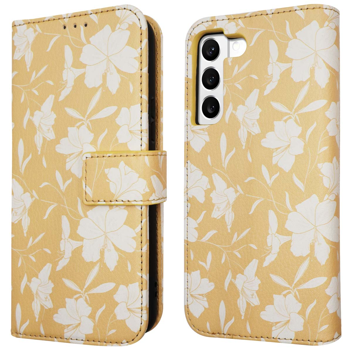Portefeuille de téléphone jaune avec motif floral blanc. Téléphone à droite.