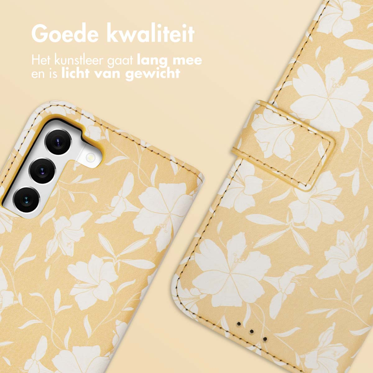 Coque de téléphone jaune avec motif floral blanc. Téléphone avec caméra visible. La coque est ouverte.