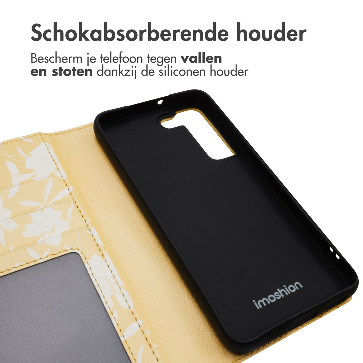 Coque de téléphone jaune avec motif floral, protégeant le téléphone avec un support amortissant.