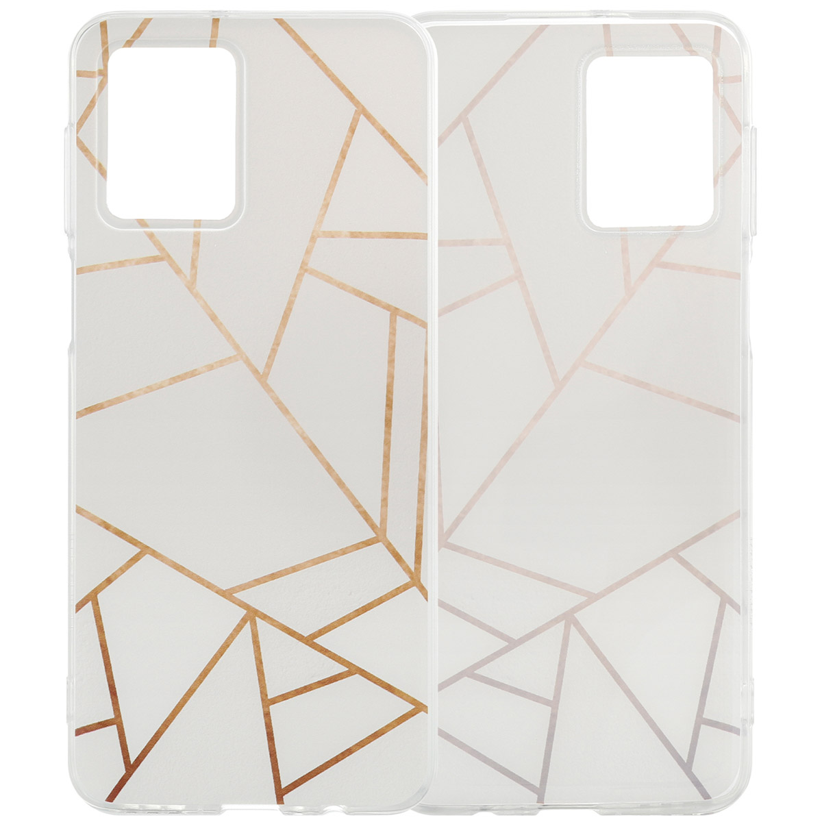 Twee telefoonhoesjes met een gouden geometrisch ontwerp op een witte achtergrond.