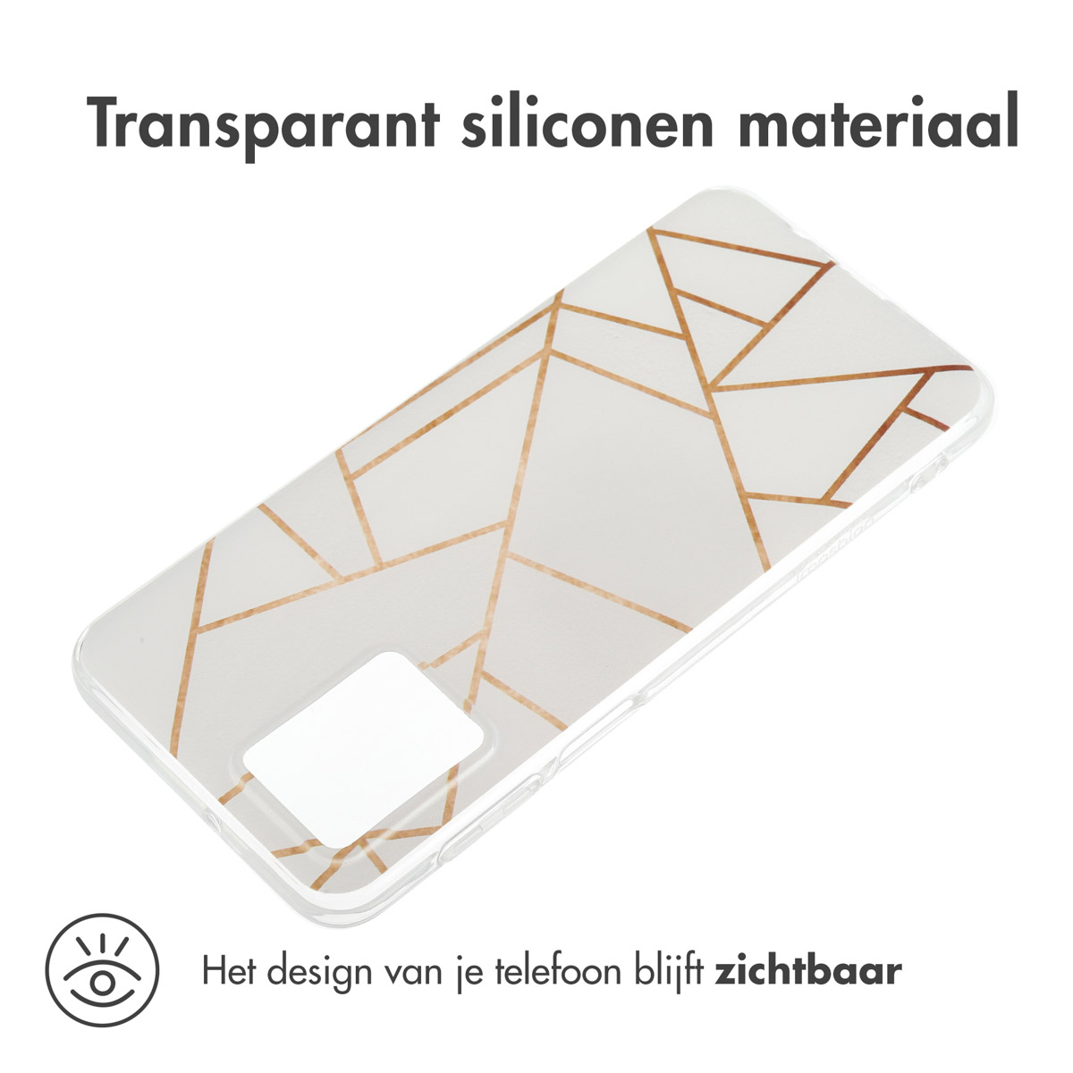 Telefoonhoesje met een geometrisch goud en wit design. Telefoonontwerp is zichtbaar. De hoes is transparant.
