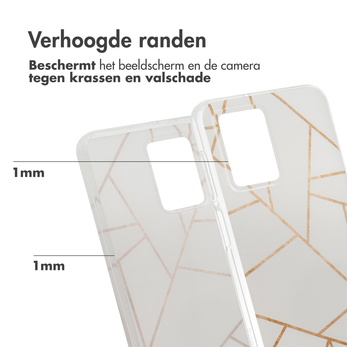 Twee telefoonhoesjes met een gouden geometrisch design, met verhoogde randen.