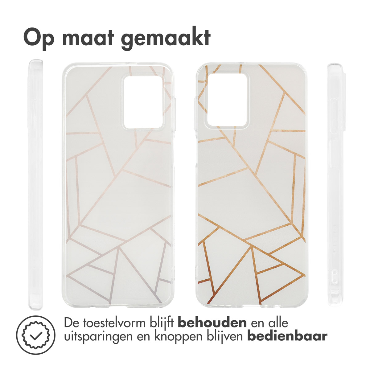 Twee telefoonhoesjes, transparant met geometrisch patroon, en een telefoon.