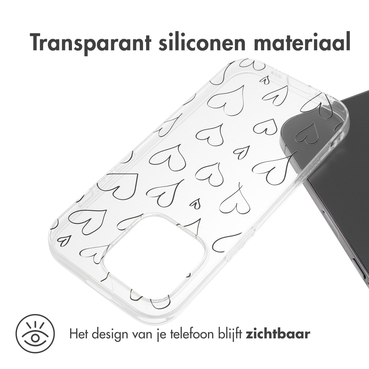 Custodia trasparente con cuori bianchi. Telefono nero nella custodia.