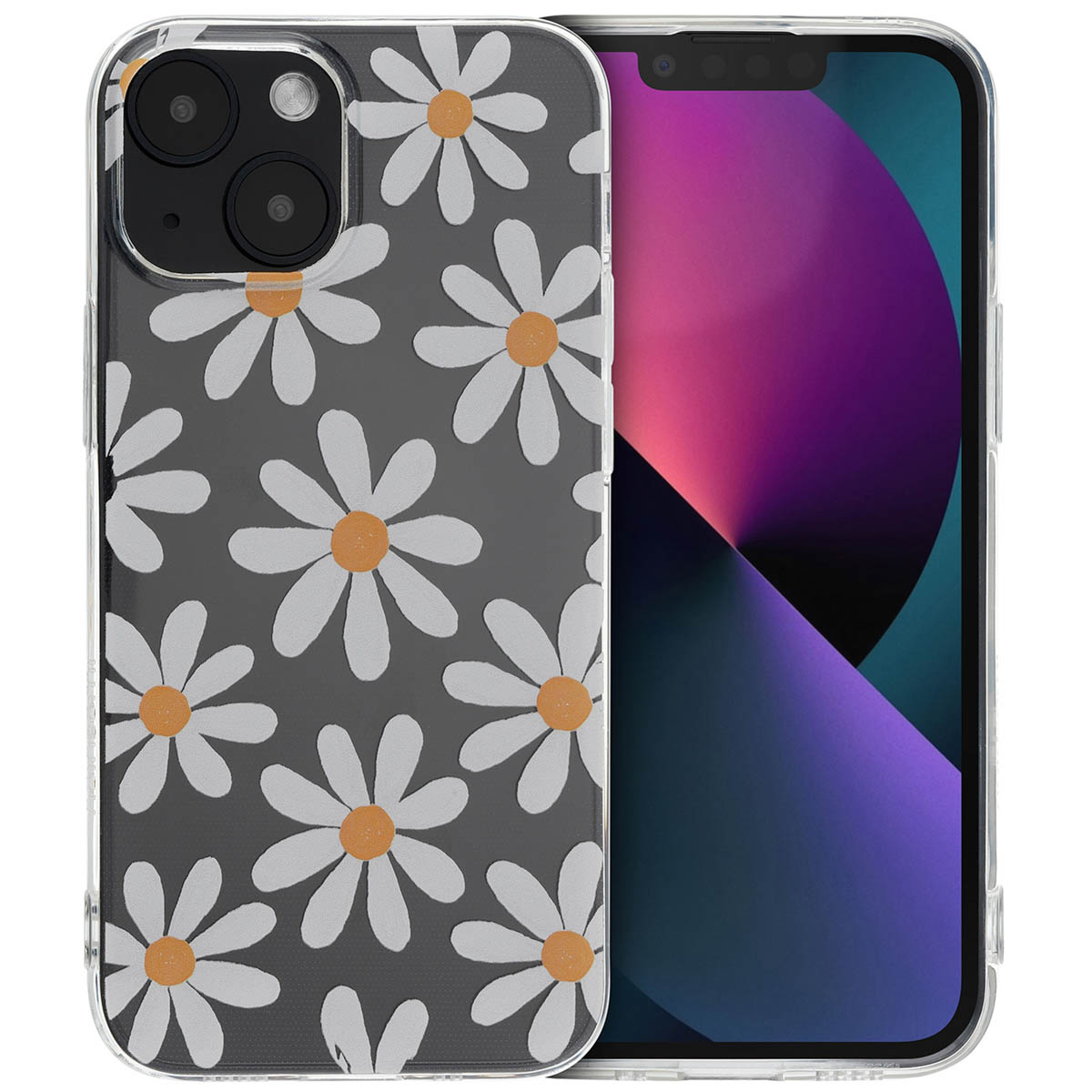 Coque transparente avec motif marguerites sur fond gris foncé, téléphone à droite.
