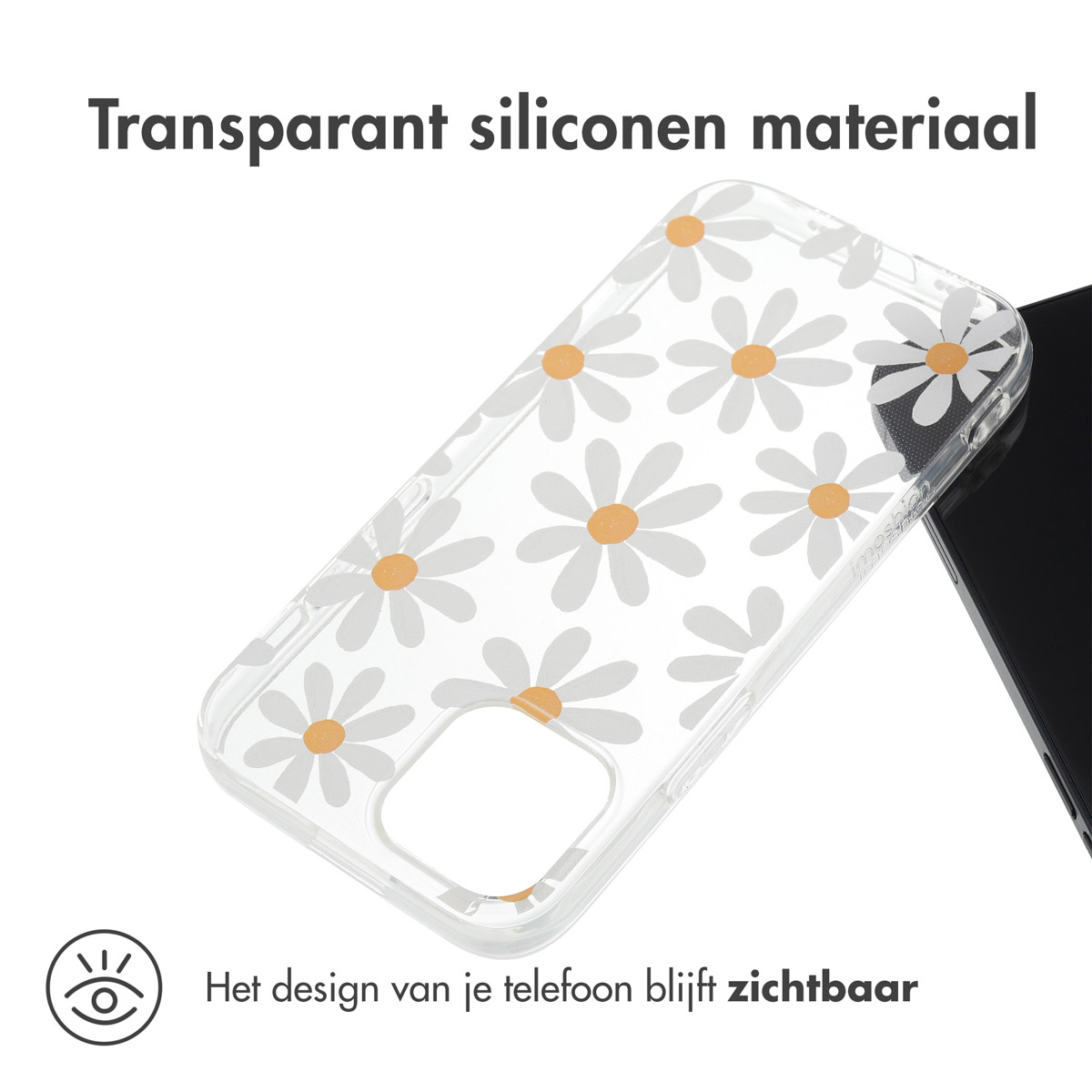 Coque de téléphone transparente avec des marguerites. Marguerites au dos. Téléphone à droite.