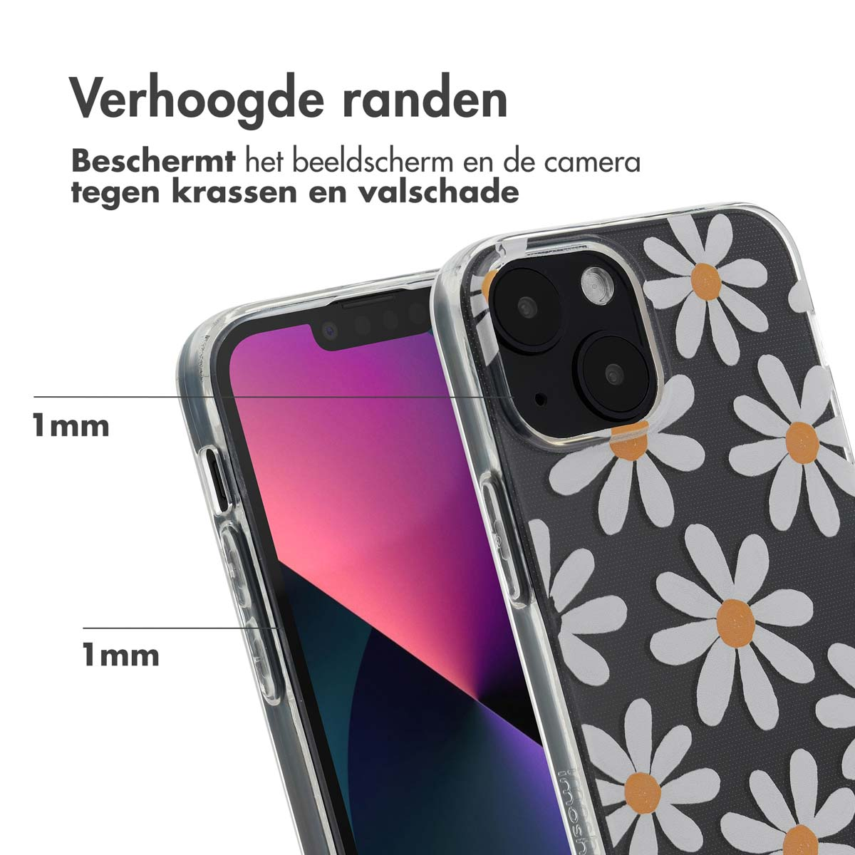 Téléphone dans une coque avec des marguerites sur fond gris. La coque a des bords surélevés.