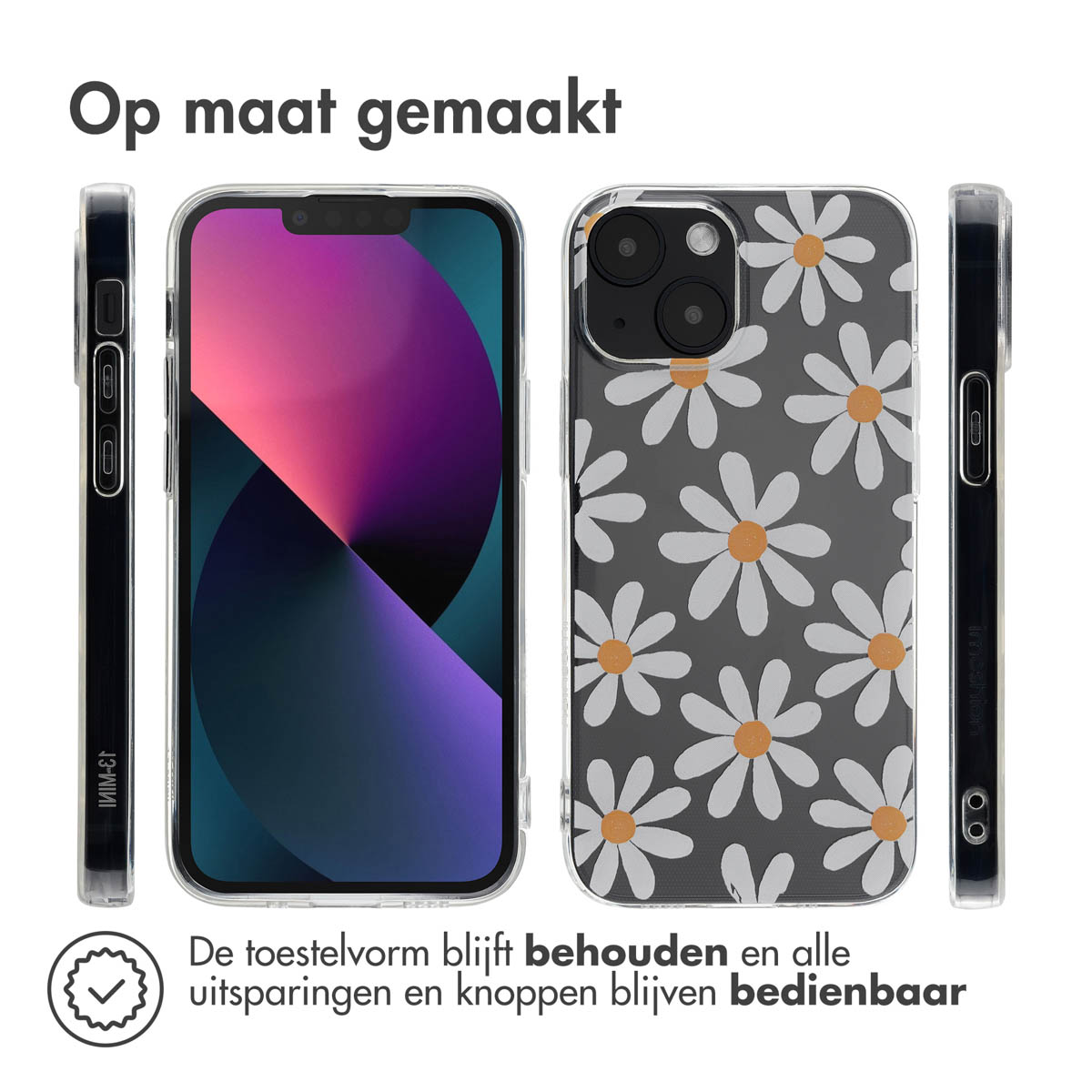 Coque de téléphone avec motif de fleurs de marguerite. Coque ouverte. Téléphone à gauche.