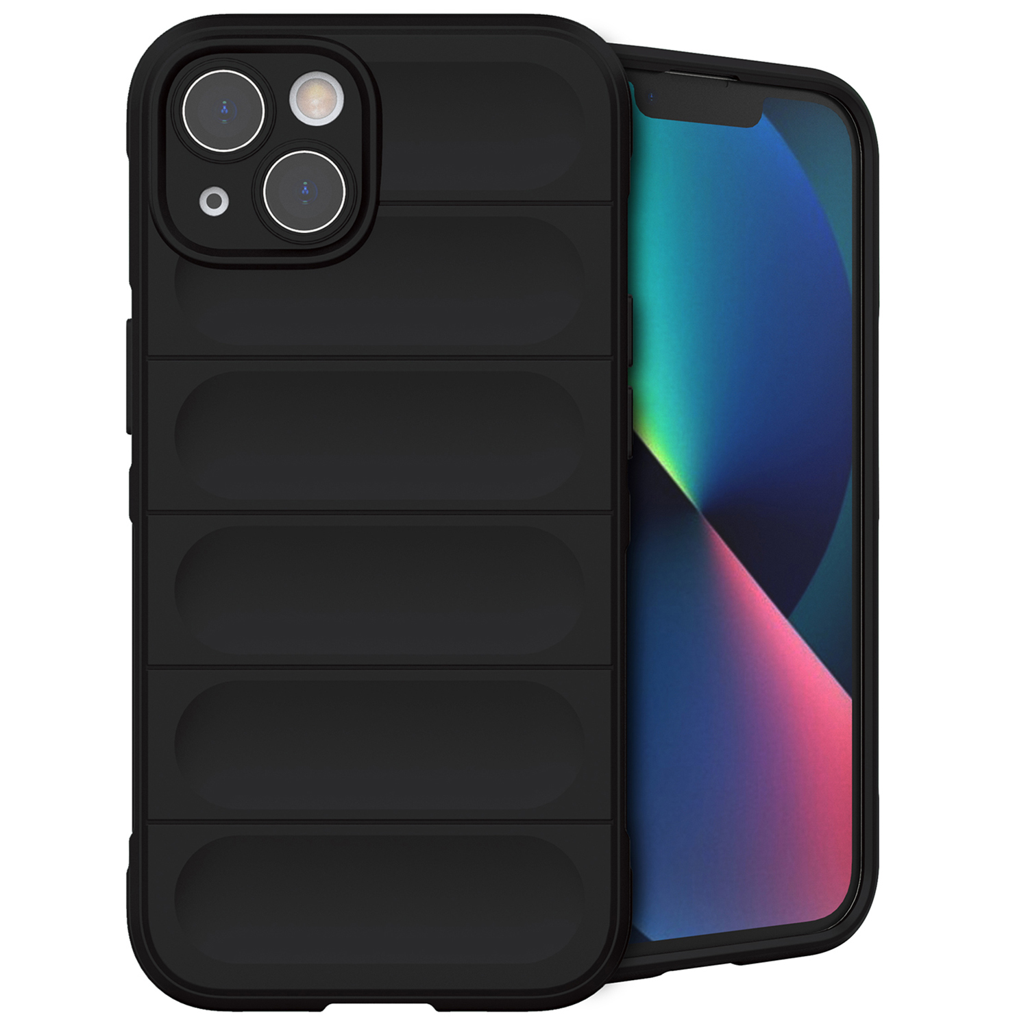 Coque de téléphone noire avec des lignes horizontales et un téléphone à l'intérieur, montrant l'écran.