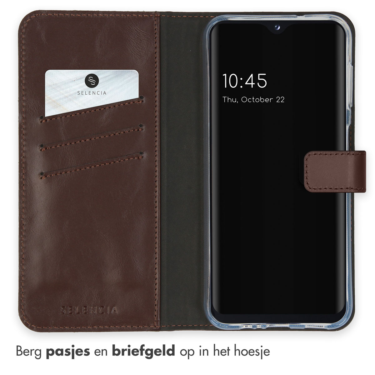 Bruine portemonnee-hoes met telefoon, kaart en twee kaartsleuven. De telefoon toont de tijd.