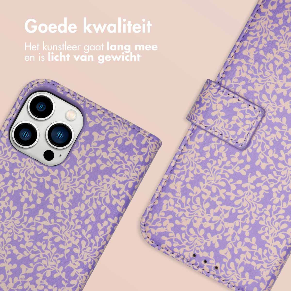 Paarse bloemen telefoonhoes. Telefoon in hoes staat op de achtergrond. Beige achtergrond.
