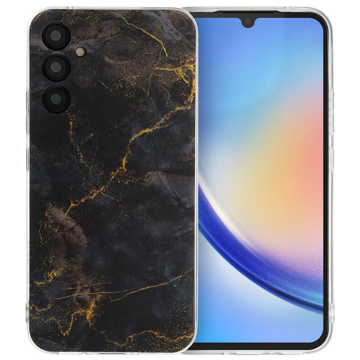 Zwarte telefoonhoes met gouden marmerpatroon en een telefoon.