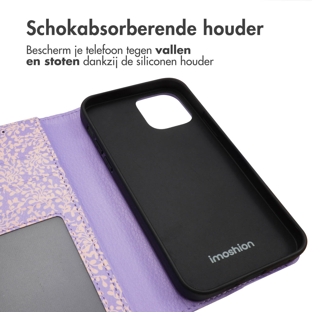 Een zwarte telefoonhoes met een paarse bloemenportemonnee en een telefoon erin.