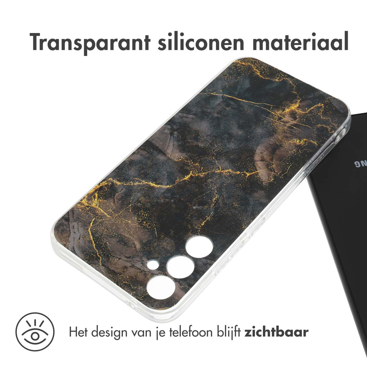 Transparante telefoonhoes met zwart en goud marmerontwerp, telefoon erin, Nederlandse tekst.
