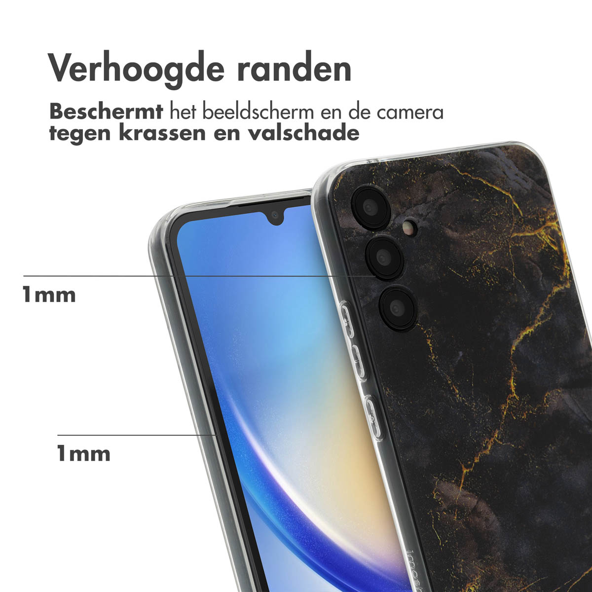 Telefoonhoesje met zwart en goud marmerpatroon. Tekst: '1mm'. Achtergrond: wit.