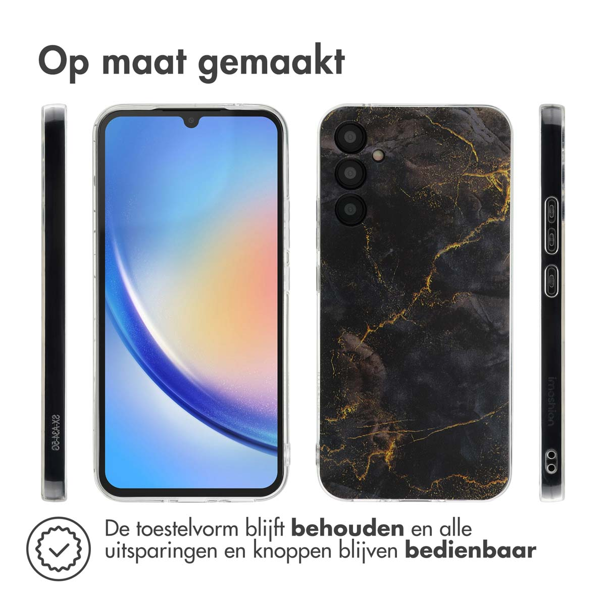 Telefoonhoesje, voor- en achteraanzicht. De telefoon zit erin. Zwart marmerpatroon op de achterkant. Transparante hoes.