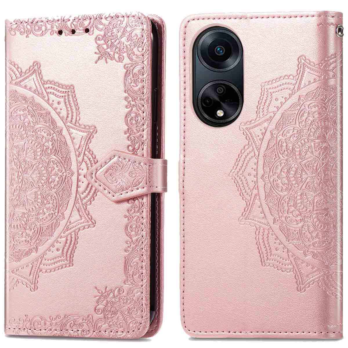 Coque de téléphone rose avec un motif mandala. Téléphone avec deux objectifs d'appareil photo.