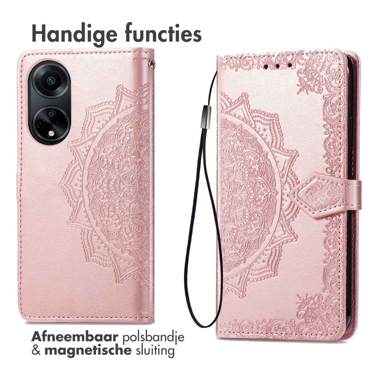 Coque de téléphone rose avec un motif mandala. Elle possède une dragonne et une fermeture magnétique.