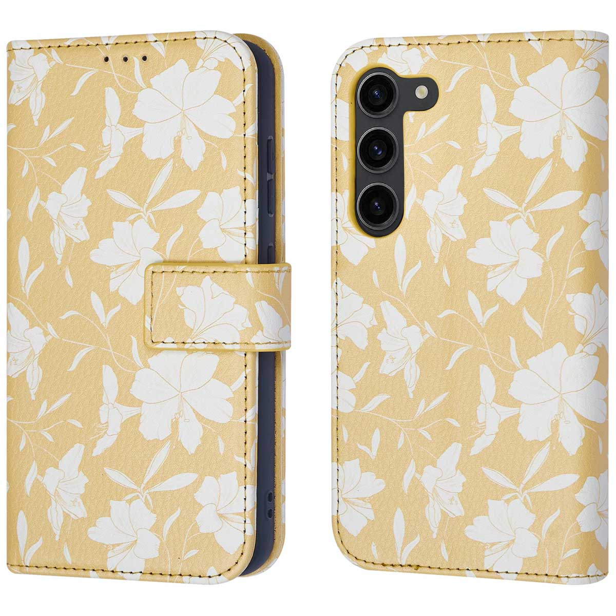Coque de téléphone jaune avec motif floral blanc. L'étui est fermé et prêt à l'emploi.